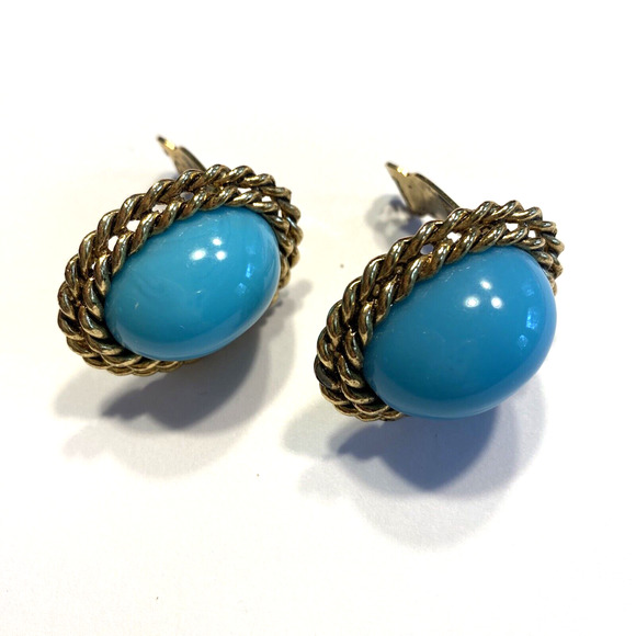 Chunky Y2K Goldtone Clip On Earrings Oval Rope Texture Blue Domed Center Bead - Picture 6 of 6